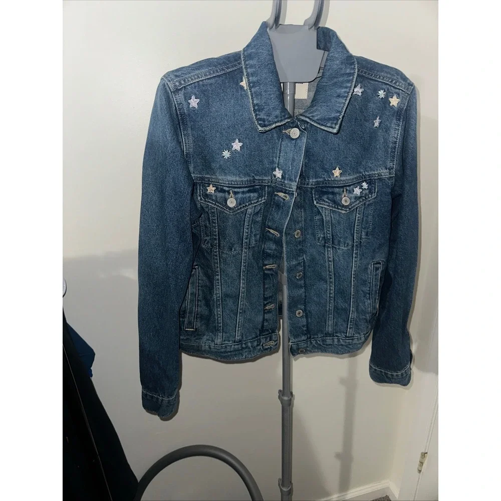 Lucky Brand Denim Jacket Embellished Star Applique Blue Jean Womens size large - Picture 3 of 12